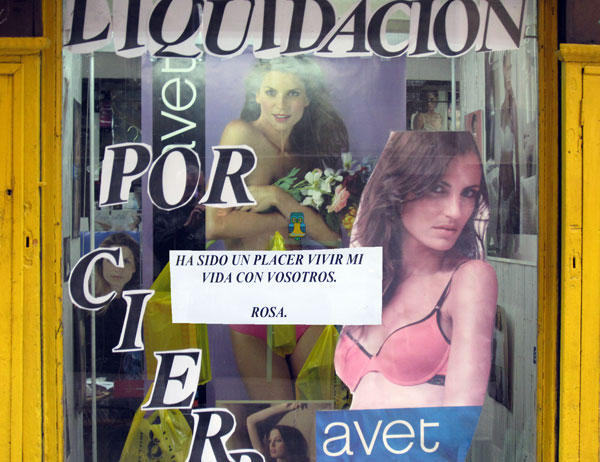 Foto de un escaparate de Almacenes San Carlos, en Madrid, antes de cerrar, en el que un cartel reza: “Ha sido un placer vivir mi vida con vosotros. Rosa”.