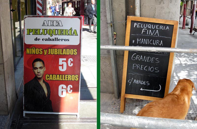 Fotos de dos carteles de peluquerías madrileñas, uno de crisis económica y otro de recuperación.