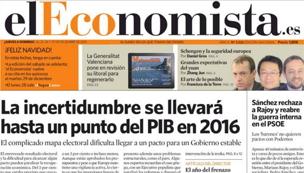 Detalle de la portada del diario español de economía ‘El Economista’, del 24 al 27 de diciembre de 2015.